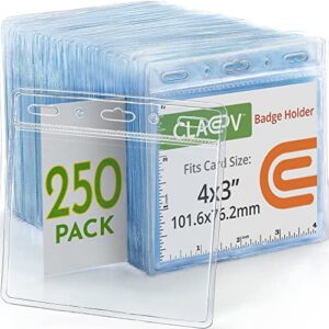 claev horizontal flexible and tear resistant card protector (clear, 4x3 inch, 250 pack), large easy open plastic id name badge holders for conferences, conventions, offices & schools