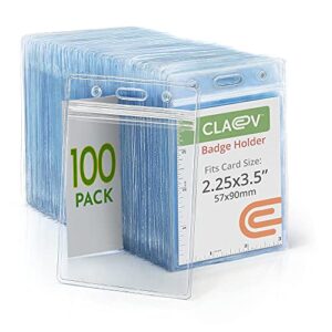 claev vertical id badge holders (2.25x3.5 inch standard, 100 pack), clear waterproof plastic name card holders for conferences, conventions, offices & schools