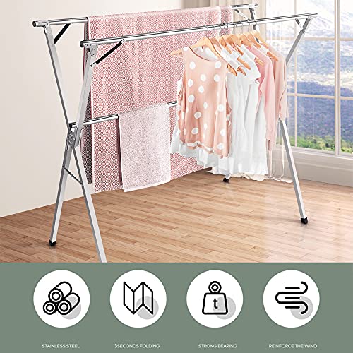 HYNAWIN Clothes Drying Racks, Upgraded Stainless Steel Laundry Drying Rack, Heavy Duty Collapsible Garment Rack, Clothes Storage Rack for Indoor Outdoor, 1.5M/59 in