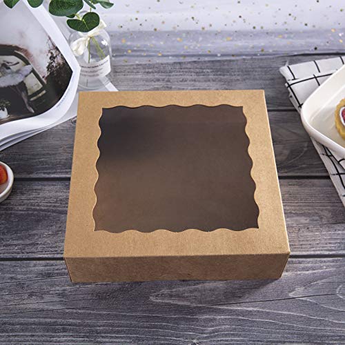 ONE MORE 10inch Natural Kraft Bakery Pie Boxes With PVC Windows,Large Cookie box 10x10x2.5inch 12 of Pack (Brown,12)