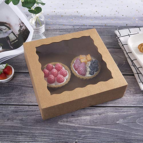 ONE MORE 10inch Natural Kraft Bakery Pie Boxes With PVC Windows,Large Cookie box 10x10x2.5inch 12 of Pack (Brown,12)