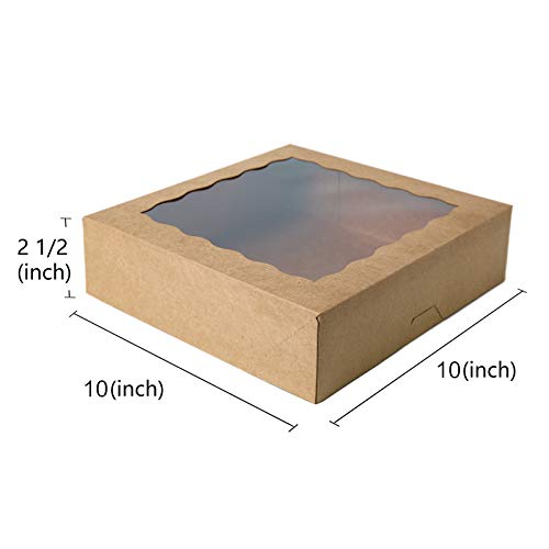 ONE MORE 10inch Natural Kraft Bakery Pie Boxes With PVC Windows,Large Cookie box 10x10x2.5inch 12 of Pack (Brown,12)
