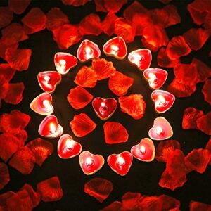 tatuo 50 pieces heart shape candles romantic tealight candles and 200 pieces silk rose petals faux flower petals for valentine's day festival wedding birthday party (red candle, red petal)