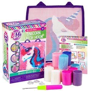 b me diy unicorn latch hook kit for girls – mini rug sewing set with 15 colorful yarn bundles, color-coded canvas, diy grils bedroom décor idea perfect birthday & gift age 6+