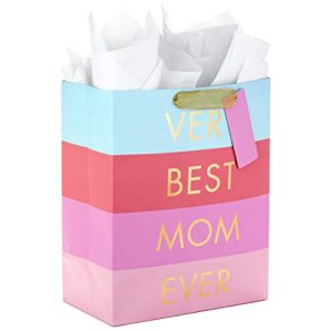 hallmark 13" large mother's day gift bag with tissue paper ("very best mom ever" - blue, lavender and pink stripes) for moms, grandmas, nanas, mom squads