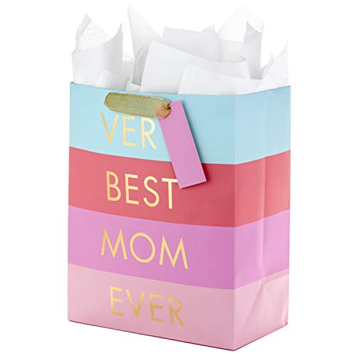 Hallmark 13" Large Mother's Day Gift Bag with Tissue Paper ("Very Best Mom Ever" - Blue, Lavender and Pink Stripes) for Moms, Grandmas, Nanas, Mom Squads