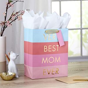 Hallmark 13" Large Mother's Day Gift Bag with Tissue Paper ("Very Best Mom Ever" - Blue, Lavender and Pink Stripes) for Moms, Grandmas, Nanas, Mom Squads