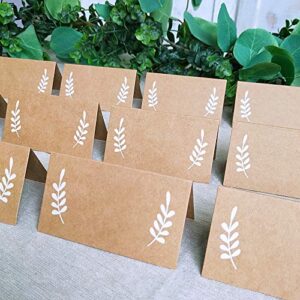 Supla 100 Pcs Place Cards with White Laurel Leaves Kraft Paper Cards Rustic Wedding Table Name Number Blank Table Tent Cards Table Name Tags Table Card Seating Cards Buffet Table Cards