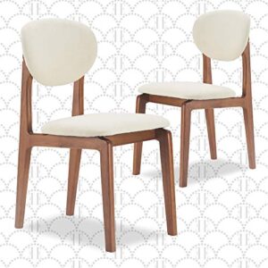 elle decor coralie mid-century modern upholstered dining chair, walnut-stained wood and tapered legs, buttercream