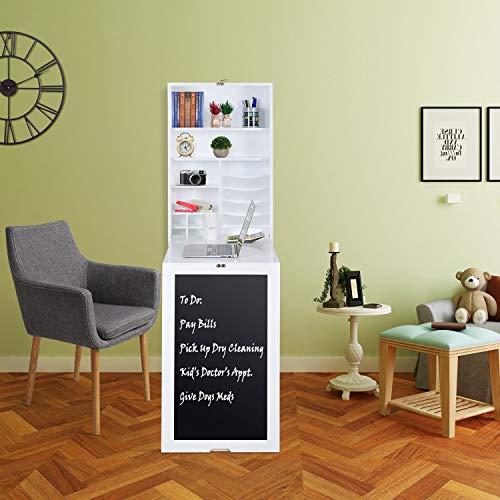 Utopia Alley Collapsible Fold Down Desk Table with Storage Cabinet & Bottom Shelves - with Chalkboard Wall -White