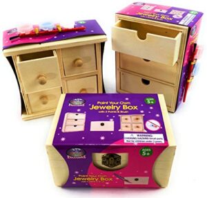 matty's toy stop design & paint your own wooden jewelry box set with mirror jewelry box, 3 drawer dresser, 4 drawer dresser, 3 brushes & 9 paints (3 pink, 3 blue & 3 white) gift set bundle - 3 pack