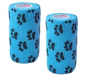 vet wrap wrap tape (blue with paw prints) (2 pack) (3 inch x 15 feet) self adhesive adherent adhering cohesive flex self stick bandage grip roll dog cat pet horse