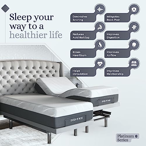 Sven & Son Platinum Series Adjustable Bed Base + 14" Premium Memory Foam Mattress, Platform Frame Compatible, Lumbar Support, USB Ports, Zero Gravity, Dual Massage, Wireless Remote - Split King