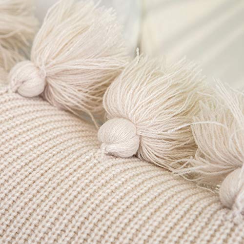 famibay Knitted Pillow Covers with Pompoms Tassel Boho Striped Cable Knit Throw Pillow Cases Decorative Pillow Cushion Cover Set for Home Sofa Couch Bed 18” x 18” Beige