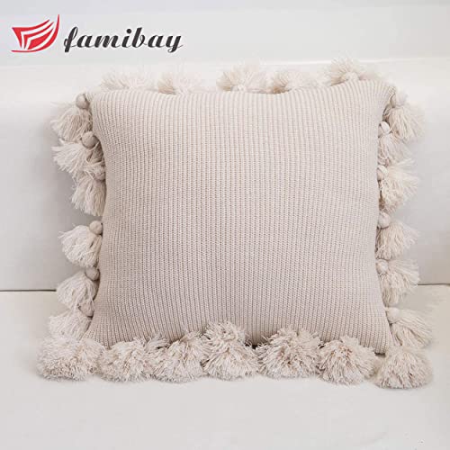 famibay Knitted Pillow Covers with Pompoms Tassel Boho Striped Cable Knit Throw Pillow Cases Decorative Pillow Cushion Cover Set for Home Sofa Couch Bed 18” x 18” Beige