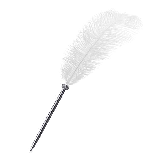 Rgontar Feather Pen Black Ink Ballpoint Pen Wedding Signing Pen for Wedding Bridal(White)