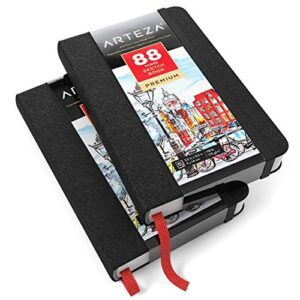 Arteza Small Sketch Book Pack of 2, 3.5 x 5.5 Inches Drawing Pad, 88-Page Pocket Sketch Pads with 118lb Paper, Bookmark Ribbon, Inner Pocket, and Elastic Strap, Drawing Book for Dry Media