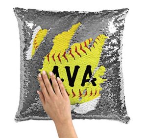 violet victoria & fan star personalized softball sequin mermaid flip pillow (silver sequins - pillowcase only)