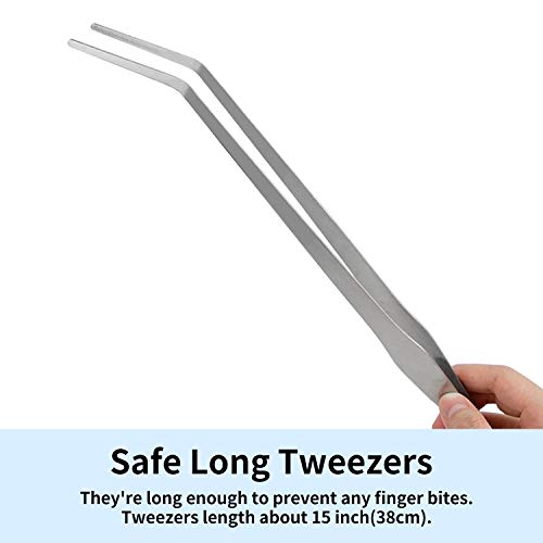 2-Pack 15 inch Heavy Duty Stainless Steel Long Tweezers, Curved and Straight Design with Anti-slip Grasp Tips Large Tongs for Reptiles Feeding, Aquascape Maintenance