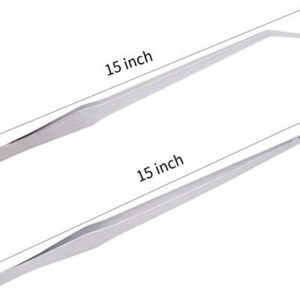 2-Pack 15 inch Heavy Duty Stainless Steel Long Tweezers, Curved and Straight Design with Anti-slip Grasp Tips Large Tongs for Reptiles Feeding, Aquascape Maintenance
