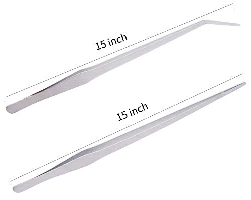 2-Pack 15 inch Heavy Duty Stainless Steel Long Tweezers, Curved and Straight Design with Anti-slip Grasp Tips Large Tongs for Reptiles Feeding, Aquascape Maintenance