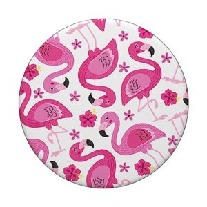 Pink Flamingo Hibiscus Flowers Summer Beach Vacation PopSockets Swappable PopGrip
