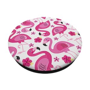 Pink Flamingo Hibiscus Flowers Summer Beach Vacation PopSockets Swappable PopGrip