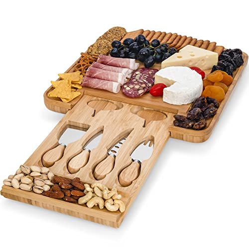 ECOEXL Cheese Board Charcuterie Board Set - Bamboo Serving Platter & Cutting Knives Unique Gift Idea for Him & Her Housewarming, Bridal Shower, Anniversary, Wedding, New House & Couple