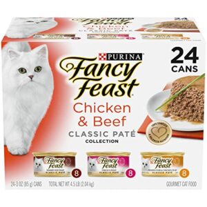 purina fancy feast pate wet cat food variety pack, classic collection chicken & beef - (24) 3 oz. pull-top cans