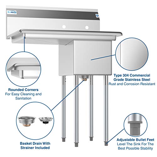 KoolMore 1 Compartment Stainless Steel Commercial Kitchen Prep & Utility Sink with Drainboard - Bowl Size 12" x 16" x 10"