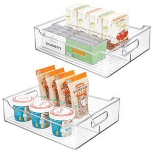 mdesign wide plastic kitchen pantry cabinet, refrigerator, freezer food storage bin with handles - divided organizer for fruit, yogurt, snacks, pasta - bpa free, 14.5" long, 2 pack - clear