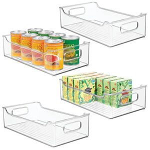 mdesign wide plastic kitchen storage container bins with handles -organization in pantry, cabinet, refrigerator or freezer shelves - food organizer for fruit, yogurt, squeeze pouches - 4 pack - clear