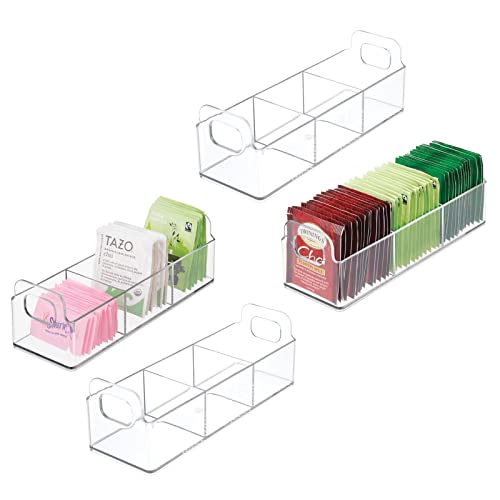 mDesign Plastic Condiment Organizer and Tea Bag Holder - 9" Long Kitchen Pantry/Countertop Storage Caddy - Divided Chip, Snack, Granola, Oatmeal Packet Holder - Lumiere Collection - 4 Pack - Clear