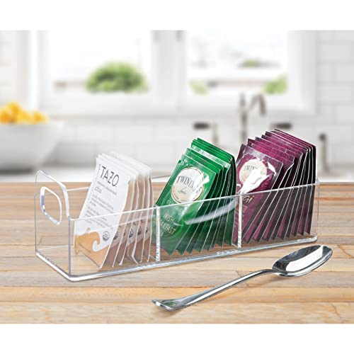 mDesign Plastic Condiment Organizer and Tea Bag Holder - 9" Long Kitchen Pantry/Countertop Storage Caddy - Divided Chip, Snack, Granola, Oatmeal Packet Holder - Lumiere Collection - 4 Pack - Clear