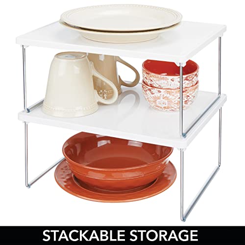 mDesign Metal Stacking Storage Organization for Shelves Inside Cabinets in Kitchen, Pantry, Cupboard, or Fridge/Freezer - Organizer Stand for Food, Plates, Bowls, Mugs, Ligne Collection, 2 Pack, White