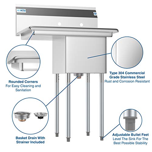 KoolMore 1 Compartment Stainless Steel Commercial Kitchen Prep & Utility Sink with Drainboard - Bowl Size 14" x 16" x 11", Silver