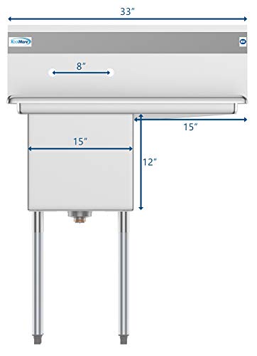 KoolMore 1 Compartment Stainless Steel Commercial Kitchen Prep & Utility Sink with Drainboard - Bowl Size 15" x 15" x 12", Silver