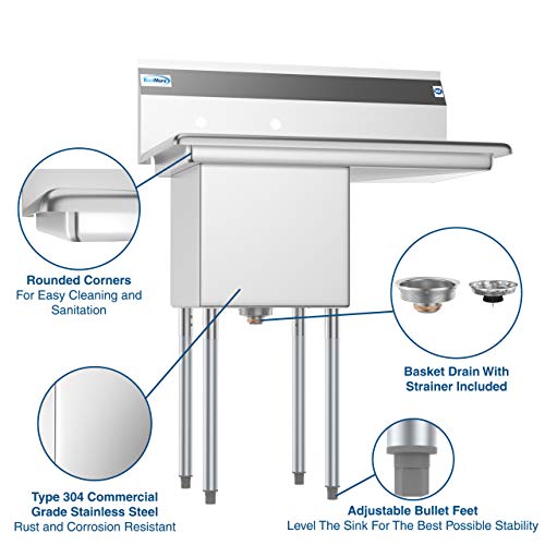 KoolMore 1 Compartment Stainless Steel Commercial Kitchen Prep & Utility Sink with Drainboard - Bowl Size 15" x 15" x 12", Silver