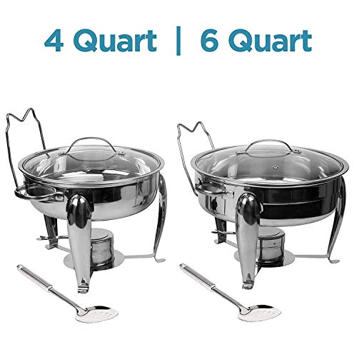 4 Quart Round Stainless Steel Chafing Dish with Bonus Slotted Spoon and Drip Tray for Lid