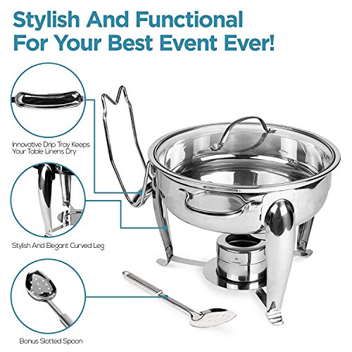 4 Quart Round Stainless Steel Chafing Dish with Bonus Slotted Spoon and Drip Tray for Lid