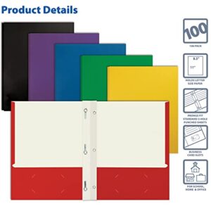 Letter Size Paper Portfolios by Better Office Products, Case of 100, Assorted Primary Colors, with Fasteners (Assorted, 2 Pocket Paper Folders with Fasteners)