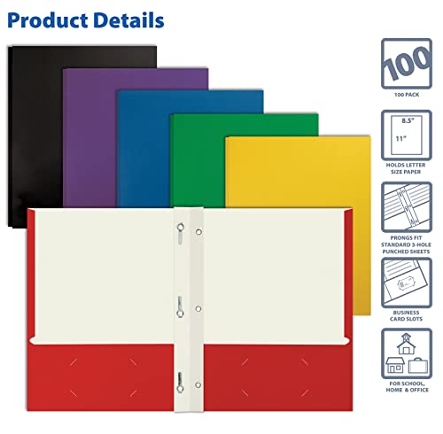 Letter Size Paper Portfolios by Better Office Products, Case of 100, Assorted Primary Colors, with Fasteners (Assorted, 2 Pocket Paper Folders with Fasteners)