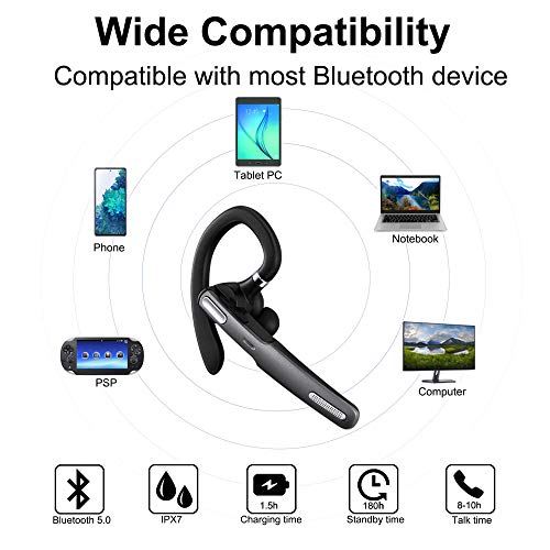 ICOMTOFIT Bluetooth Headset, Wireless Bluetooth Earpiece V5.0 Hands-Free Earphones with Built-in Mic for Driving/Business/Office, Compatible with iPhone and Android (Gray)