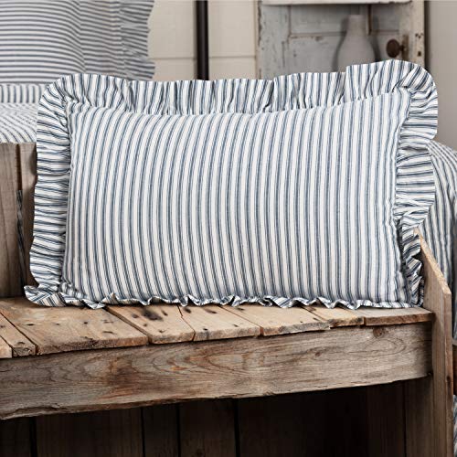 VHC Brands Sawyer Mill Ticking Striped Cotton Farmhouse Pillow 22x14 Filled Bedding Accessory, 14x22, Blue Denim
