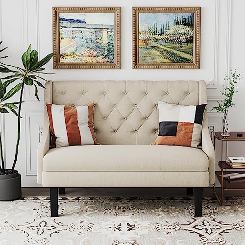 Andeworld Modern Tufted Button Back Upholstered Loveseat for Dining Room Hallway or Entryway Seating (Ivory)