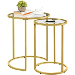 yaheetech round nesting side table stacking coffee table, set of 2 circular modern end tables w/metal frame & tempered glass top & protective foot pads for small space living room bedroom office