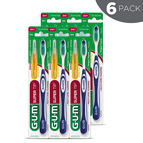 GUM Super Tip Toothbrush, Full Head & Soft Bristles with Bonus Proxabrush Go-Betweens (Pack of 6)