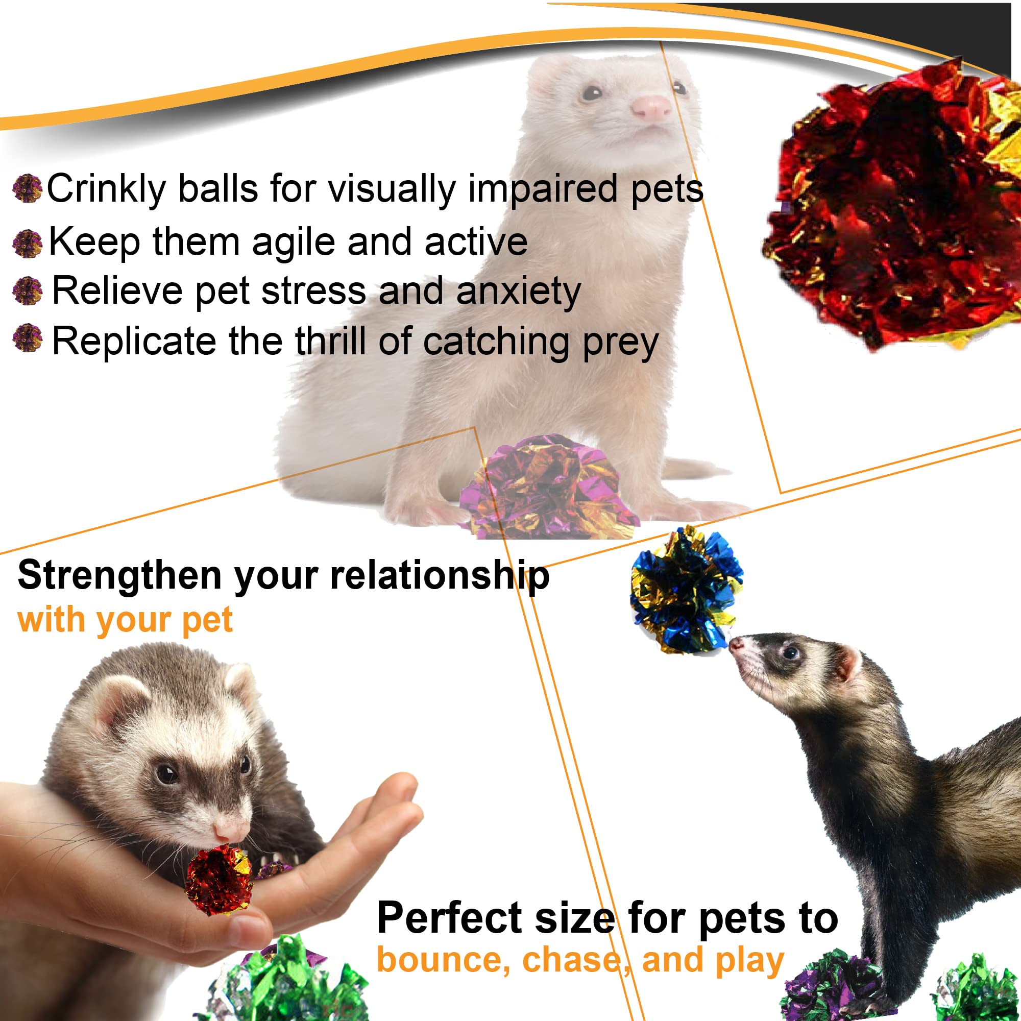 SunGrow 24 Pcs Ferret Mylar Crinkle Balls Toys, 2" Soft Play and Chase Indoor Toys for Exercise to Keep Fit, Lightweight, Multicolor Shiny Foil Toy Balls with Crinkly Sound for Indoor Pet Cat, Kitten