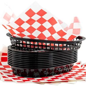 retro style black fast food basket (12pk) and red checkered deli liner (120pk) combo. classic 11 in deli baskets are microwavable and dishwasher safe. disposable deli paper squares for easy cleanup