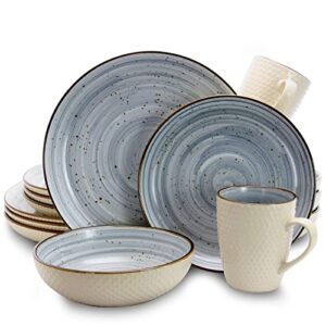 elama round stoneware luxurious mellow dinnerware dish set, 16 piece, speckle powder blue and white